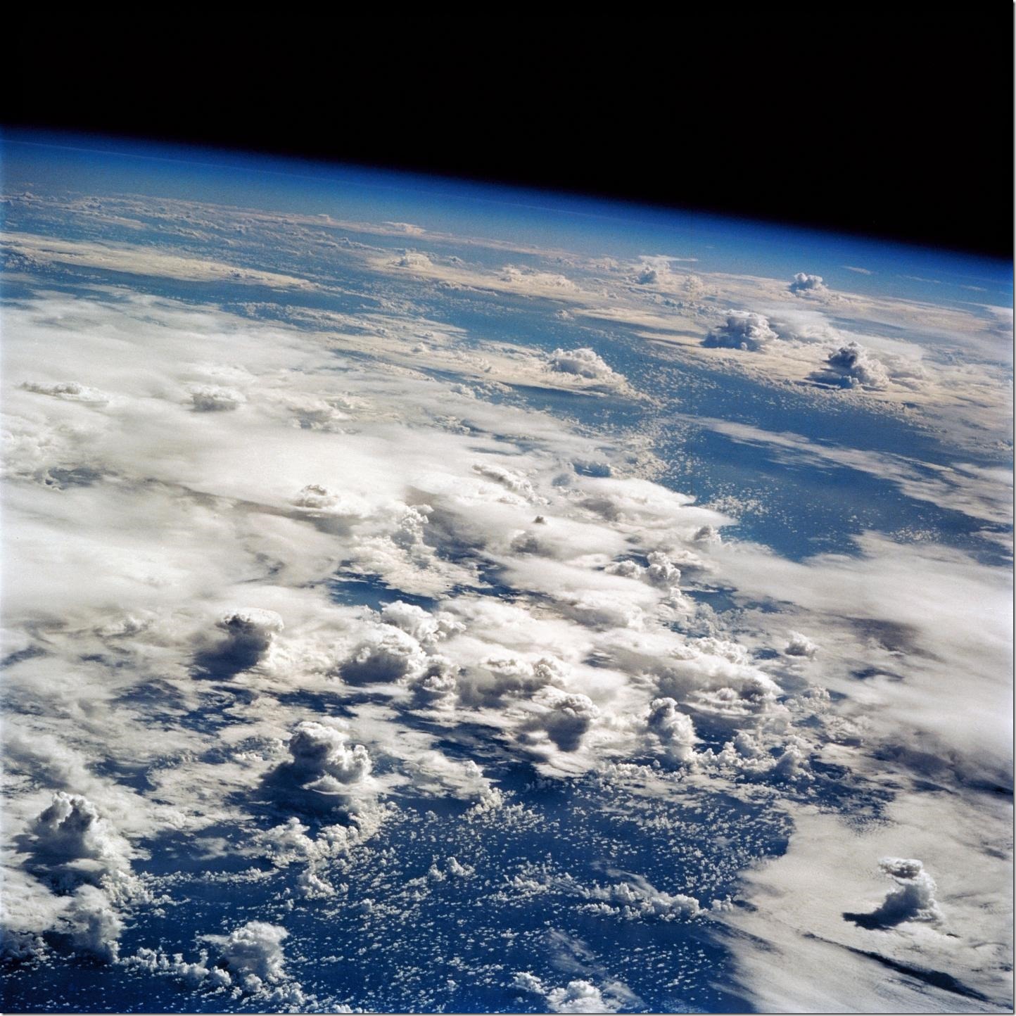 Clouds from deep convection over the tropical Pacific ocean, photographed by the space shuttle. Such convective activity drives the Hadley circulation of the atmosphere. Credit: NASA