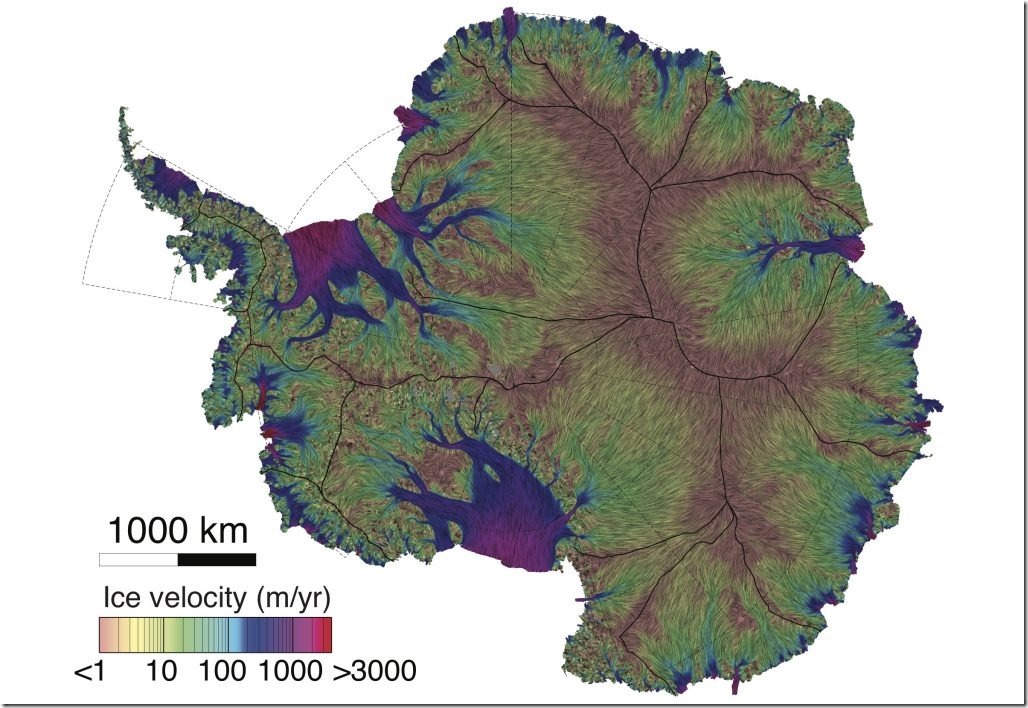 A new map of Antarctic ice velocity constructed from nearly a quarter century’s worth of satellite data. Credit: AGU