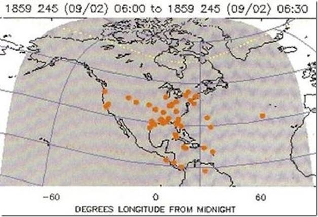 Circled areas on plot indicate locations that experienced the northern lights (auroras) during the “Carrington Event” of 1859