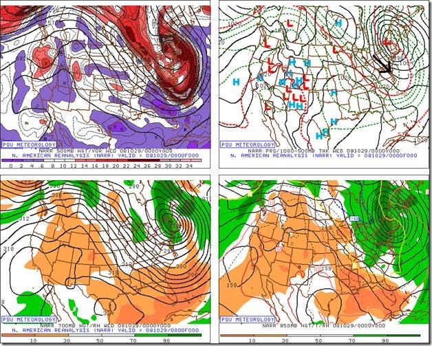 The weather maps are shown here at different levels of the atmosphere for the night of October 28th in 2008 which was the day after the rained-shortened World Series game in Philly and the day before the resumed game. On this particular day, very cold air surged into the Philly metro region on the heels of a strong coastal storm and several inches of snow actually accumulated in some suburban locations. Credit Penn State eWall (surface - upper right, 500 mb - upper left, 700 mb - lower left, 850 mb - lower right).