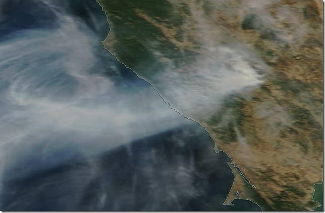 NASA MODIS satellite image of the Kincade Fire (north of San Francisco) yesterday around noon