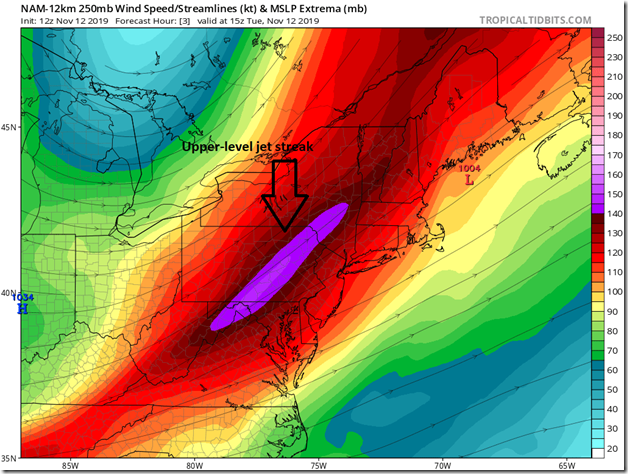 An upper-level jet streak is helping to prolong the precipitation in the I-95 corridor as it helps to generate strong upward motion in the atmosphere; map courtesy NOAA, tropicaltidbits.com