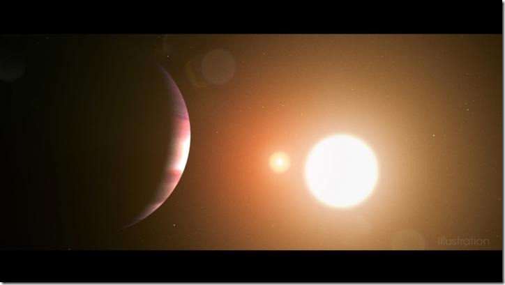  TOI 1338 b is silhouetted by its host stars. TESS only detects transits from the larger star. Credit: NASA's Goddard Space Flight Center/Chris Smith
