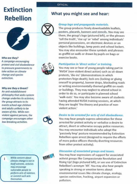 Extinction Rebellion Extremist Handbook Listing