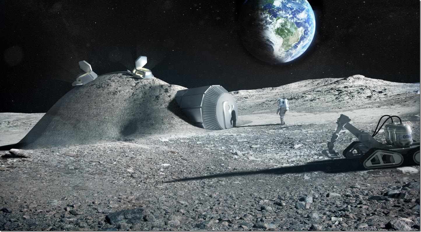 Future moon bases could be built with 3D printers that mix materials such as moon regolith, water and astronauts' Credit: ESA, Foster and Partners