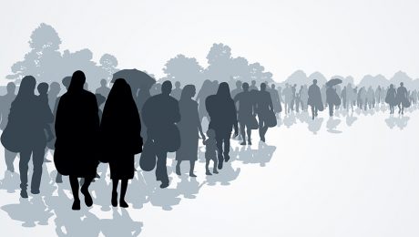 Silhouettes of refugees people searching new homes or life due to persecution. Vector illustration