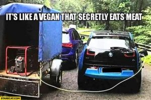 Vegan eating meat like generator charging EV.jpg