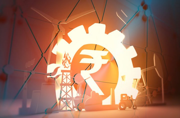 Energy and Power icons set. Sustainable energy generation and heavy industry. 3D rendering. Luminous Rupee sign India