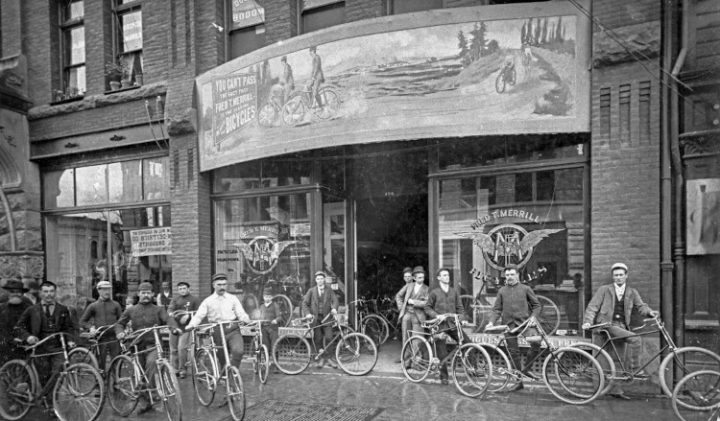 Fred T. Merrill Bicycle Shop in downtown Portland, 1893