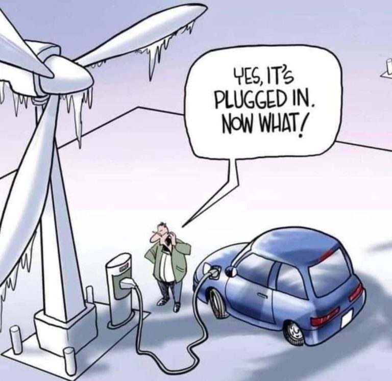 Yes the electric vehicle is plugged in to charge from the frozen wind power turbine - now what AGW climate change green renewable sustainable unreliable.jpeg