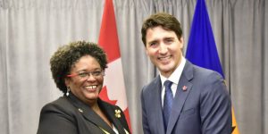 Barbados Prime Minister Mia Mottley Shaking hands with Canada's Justin Trudeau