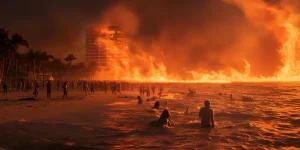 Beach Goers on fire generative AI no vacations from climate change