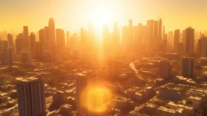 UHI-Hot weather, summer, intense heat. Bright sun, heat waves, global warming. Burning sun, dangerous heat, high temperature. Problem of modern time period. future thinking