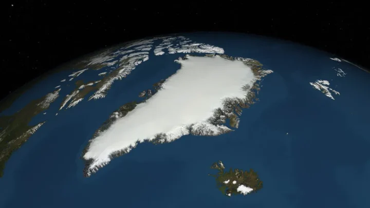 Greenland’s Ice Sheet – The thickness is generally more than 2 km (1.2 mi) and over 3 km (1.9 mi) at its thickest point.  Credit: NASA’s Scientific Visualization Studio