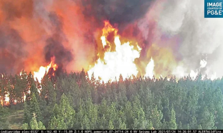 Image: Dixie Fire in California approaching Indian Ridge lookout. Image from PGE wildfire camera on 7/24/21