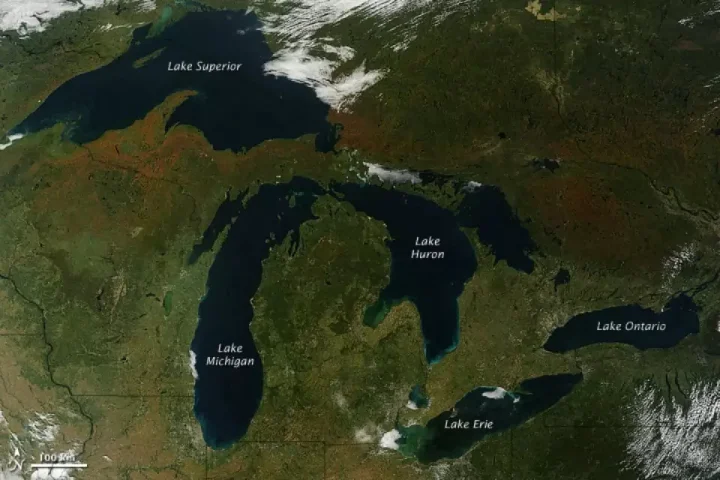The Great Lakes: Superior, Michigan, Huron, Erie, and Ontario. Taken September 26, 2014. Credit: NASA GSFC/Jeff Schmaltz, LANCE MODIS Rapid Response Team