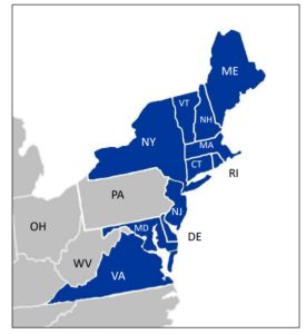 The states currently in the Regional Greenhouse Gas Initiative tax compact. Pennsylvania will remain conspicuously absent, and Virginia departs in two months.

