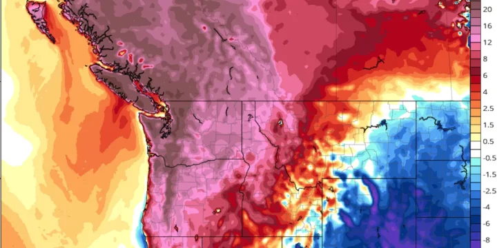Computer model projection of temperature departures from average (degrees Celsius) on June 28. Image: Tropicaltidbits.com
