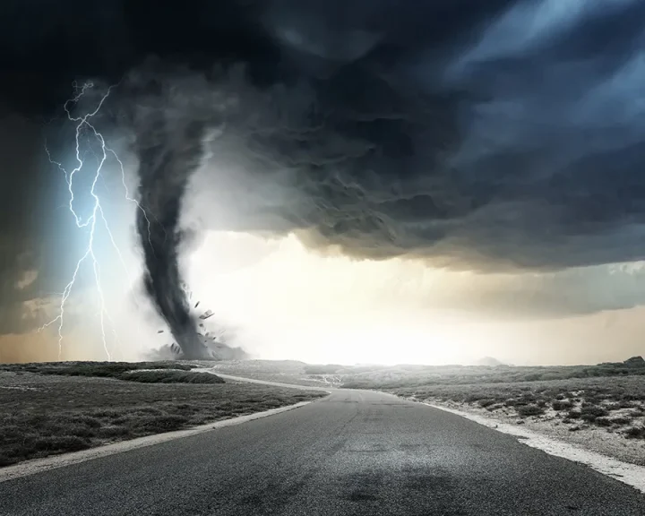 Black tornado funnel and lightning on road from 123rf.com