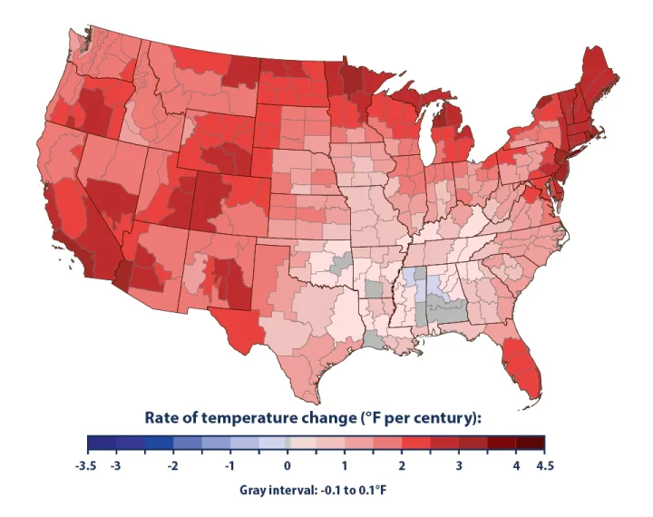 This figure shows how annual average air temperatures have changed in different parts of the United States since the early 20th century (since 1901 for the contiguous 48 states and 1925 for Alaska). The data are shown for climate divisions, as defined by the National Oceanic and Atmospheric Administration. Data source: NOAA, 2022