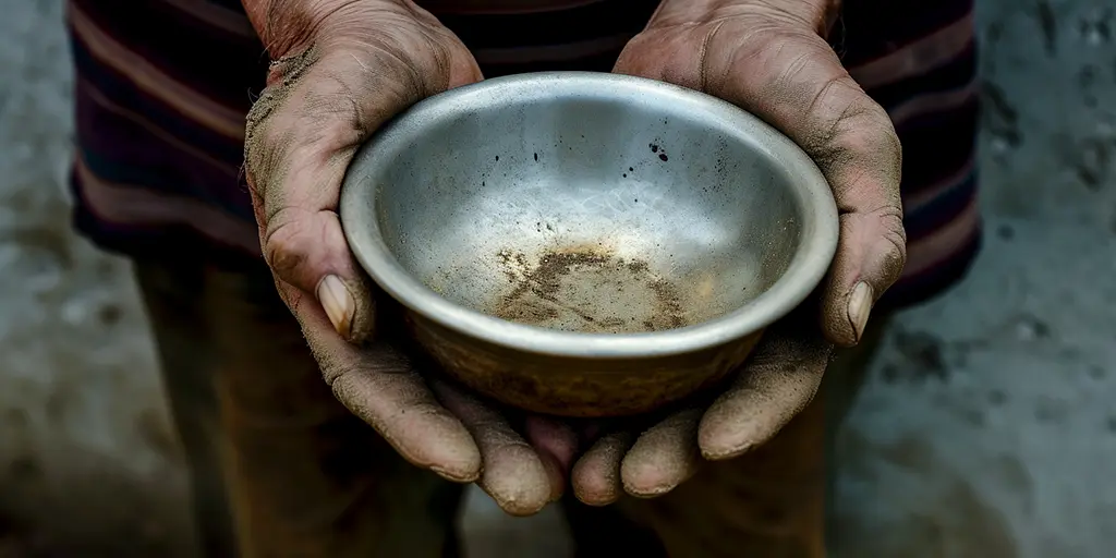 dirt covered hands holding empty bowl representing poverty