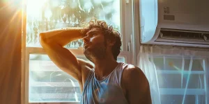 charlesrotter_sweaty_athlete_cooling_off_with_air conditioner midjorney
