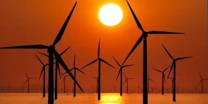 wind turbines in the sea at sunset