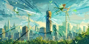 broken glass_New_York_skyline_filled_with_wind_turbines_pixies_fairies_midjourney