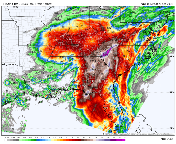 Three-day total precipitation (inches) analysis (HRAP 4 km model) ending 12z 9/28. Image courtesy of WeatherBELL Analytics, L.L.C.