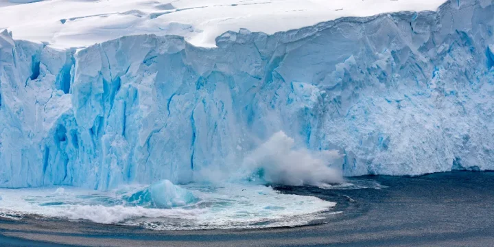 Neko Harbor Glacier calving at Andvord Bay on the Antarctic Peninsula in Antarctica.