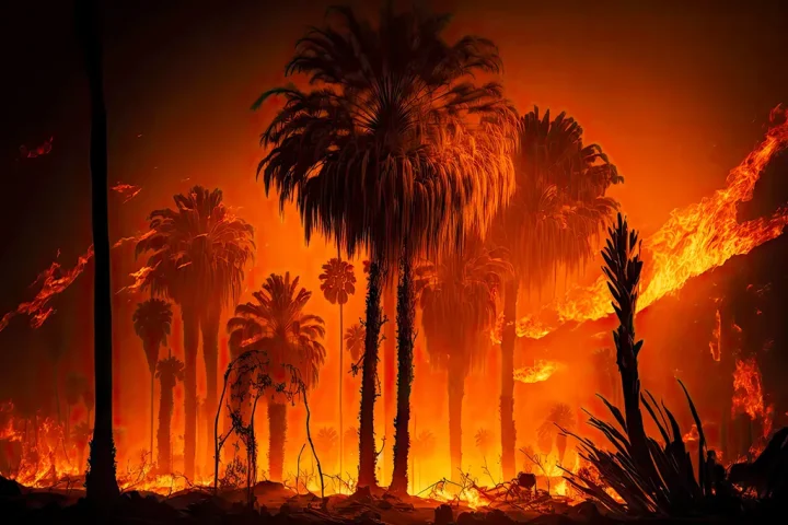 In a surreal landscape, flames dance among towering palm trees, transforming the scene into an apocalyptic vision