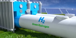 Green Hydrogen renewable energy production pipeline - green hydrogen gas for clean electricity solar and wind turbine facility.