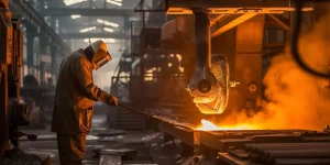 An industrial scene where a worker in protective gear handles the intense heat and glow of molten metal in a smelting foundry.