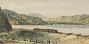 Railway_train_and_carriages_moving_along_the_side_of_the_Wellington_Harbour_toward_the_Hutt_Valley,_c.1875