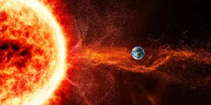 Solar storm hits Earth. Image not to scale.