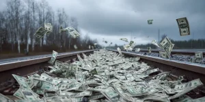 charlesrotter_Dollar_bills_scattered_on_the_railroad_tracks midjourney
