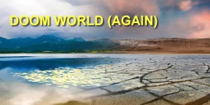 A split landscape shows a serene lake with mountains on the left and cracked, dry earth under a red sky on the right, illustrating a contrast between lush and arid environments.