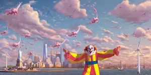 charlesrotter_Clowns_with_new york wind turbines flying pigs