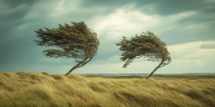 image Two trees leaning in the wind