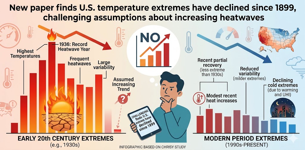 New paper: U.S. temperature extremes have declined since 1899, challenging assumptions about increasing heatwaves